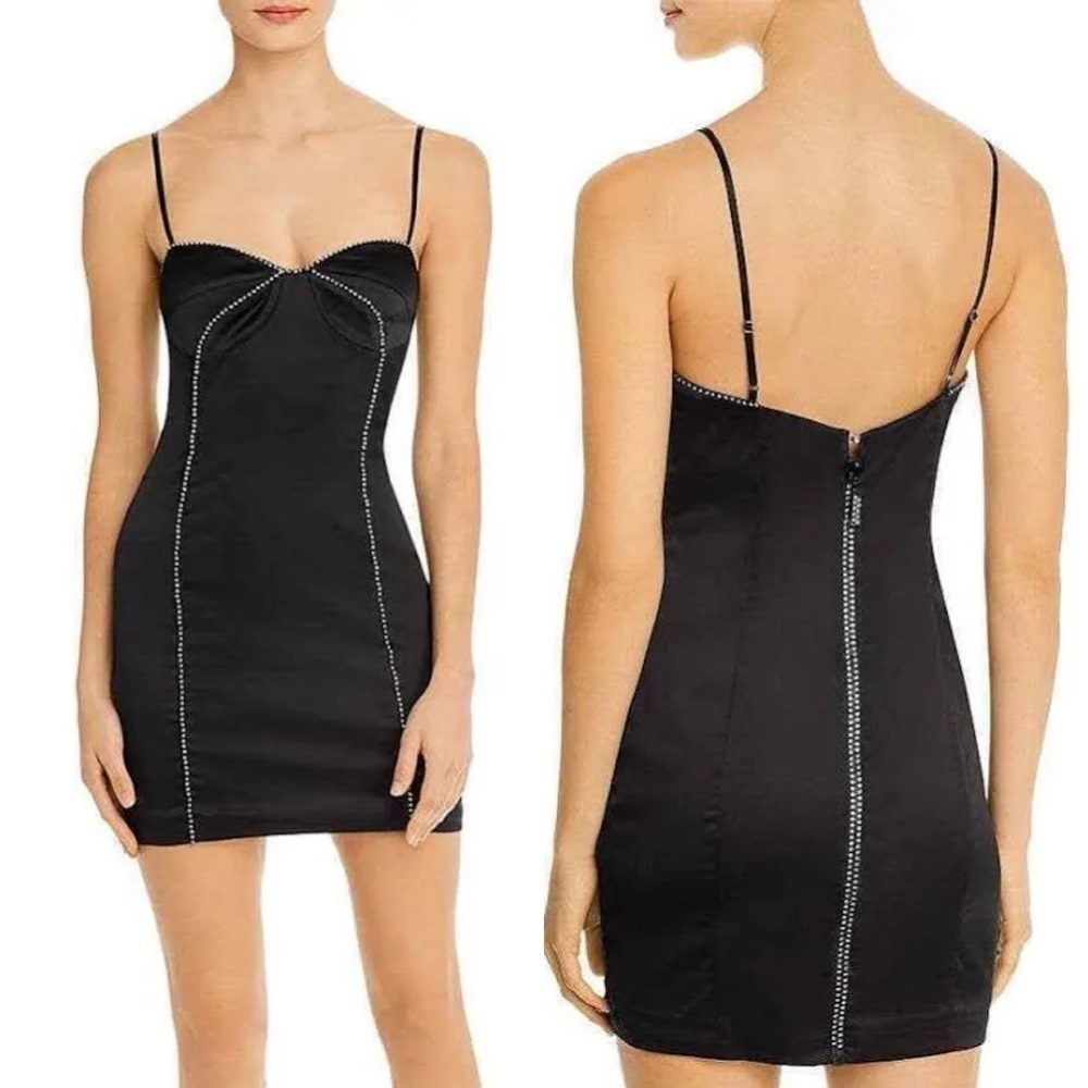 For Love and Lemon- Black Satin Sleeveless Mini Dress with Rhinestones Size S